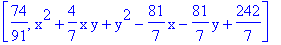 [74/91, x^2+4/7*x*y+y^2-81/7*x-81/7*y+242/7]